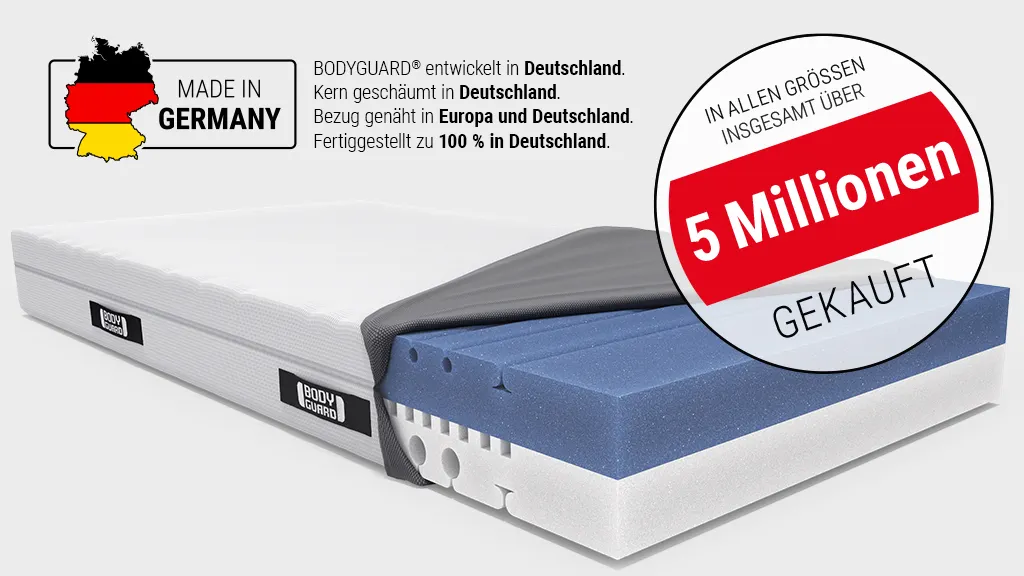 Die BODYGUARD Anti-Kartell-Matratze. Logo mit Text: Made in Germany. BODYGUARD entwickelt in Deutschland. Kern geschäumt in Deutschland. Bezug genäht in Europa und Deutschland. Fertiggestellt zu 100 % in Deutschland.