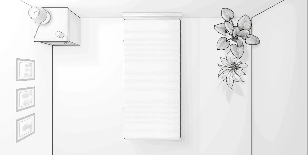 Bird's eye view illustration: A 90x190 cm mattress lies in a bedroom.