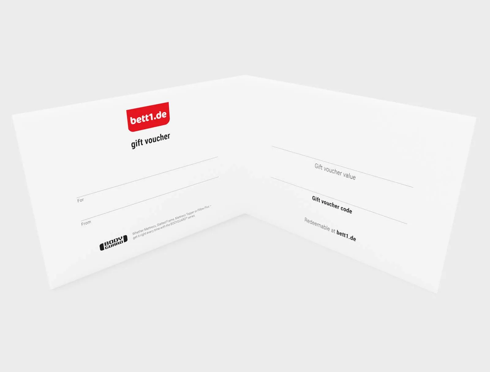 The bett1 gift voucher unfolded. With fields to fill in: For, From, Gift Voucher Value, Gift Voucher Code, Redeemable at bett1.de