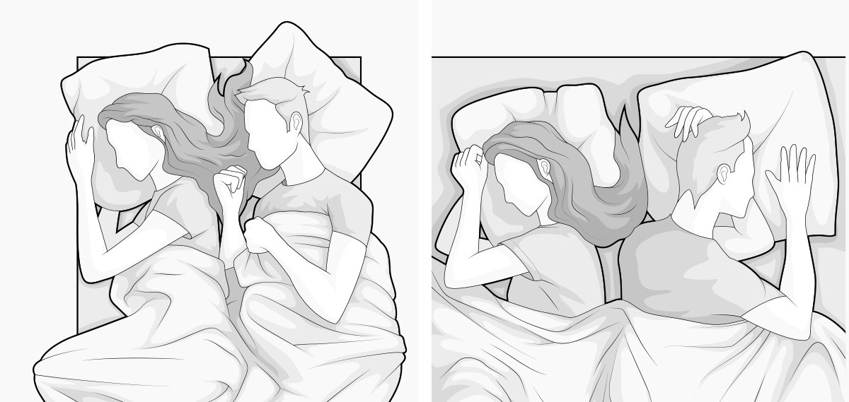  Two-part illustration: on the left two people close together on a 90x190 cm mattress, on the right two people with considerably more space on the mattress.