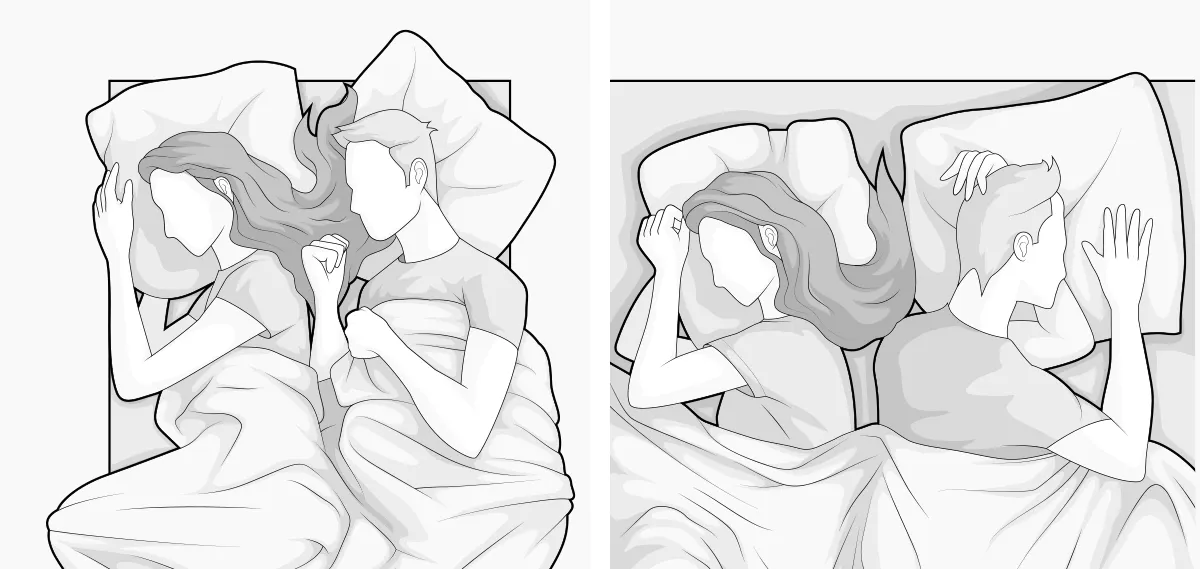  Two-part illustration: on the left two people close together on a 90x190 cm mattress, on the right two people with considerably more space on the mattress.