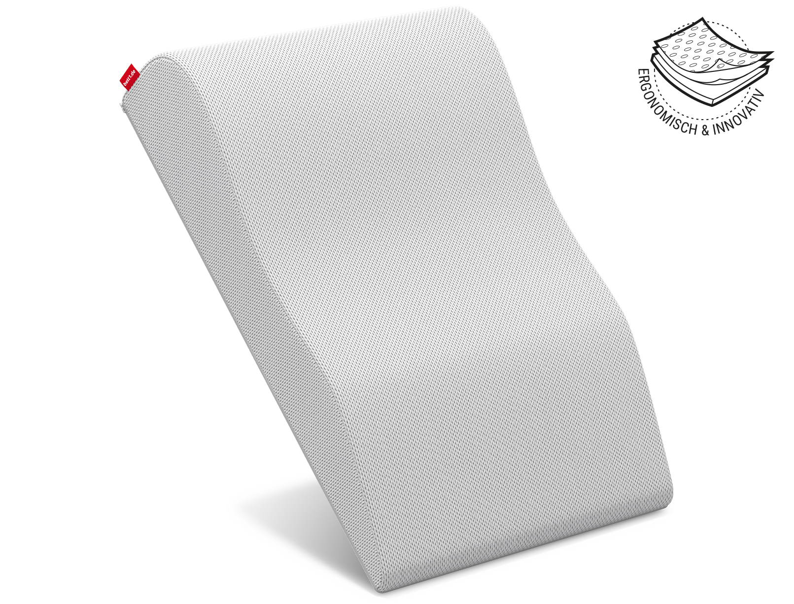 Das BODYGUARD® Venenkissen hochkant aufgestellt balanciert auf der dünnen Seite. Daneben die Illustration des Kissenbezugs in drei Schichten mit dem Text: ergonomisch und innovativ	