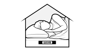 Illustration: A person sleeps on a BODYGUARD® mattress in a stylized house.