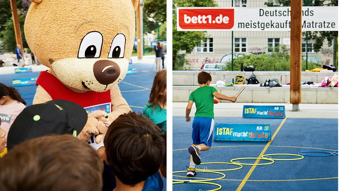 Zwei Fotos: links das bett1.de Multisportevent Maskottchen umringt von Kindern, rechts springt ein Kind durch einen Parkour aus Hoola-Hoop-Reifen.