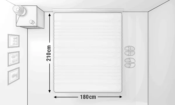 Illustration of a bedroom from a bird’s-eye view with a 180x210 cm mattress