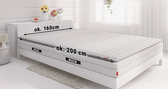 A 160x200 cm mattress lies on a bed. The dimensions are shown on each side.