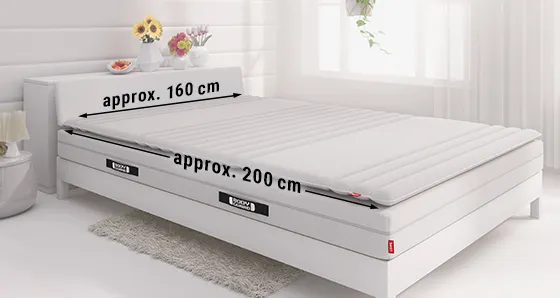 A 160x200 cm mattress lies on a bed. The dimensions are shown on each side.