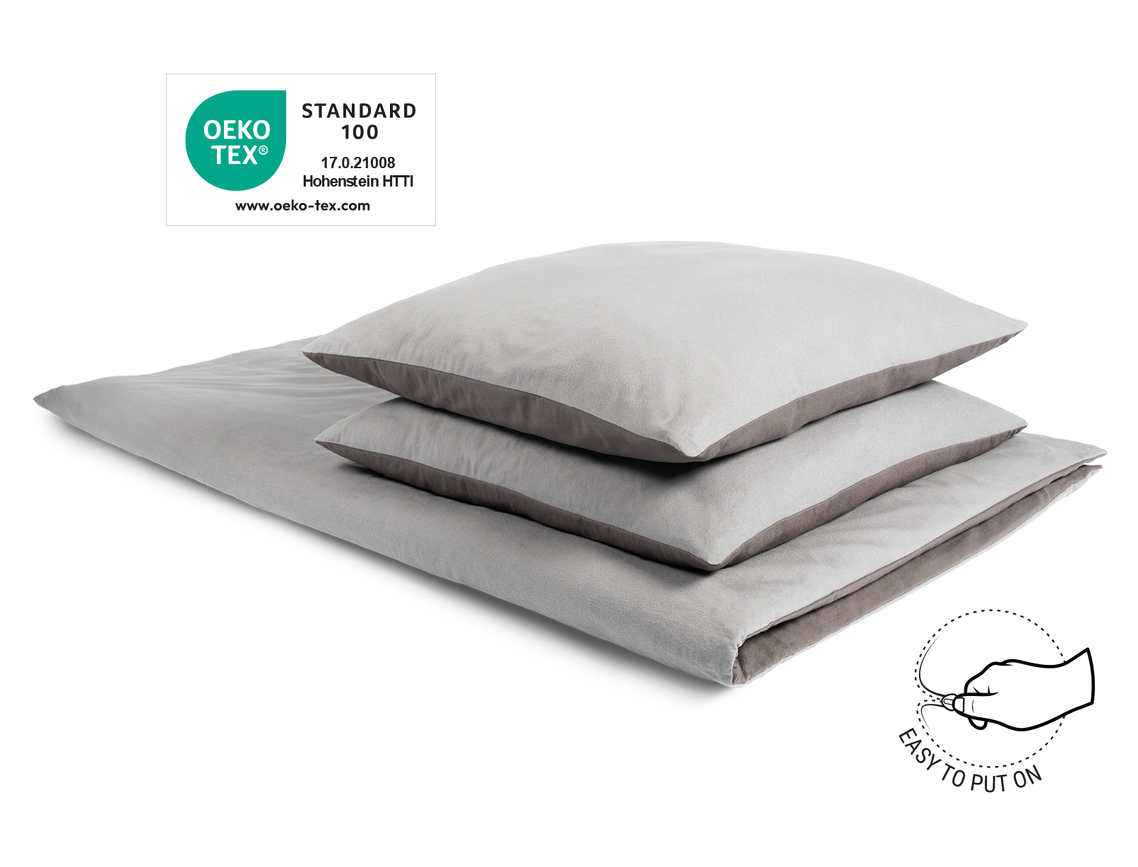 The BODYGUARD® Flannel Bed Linen covered on a folded duvet with two pillows. The Oeko-Tex® seal. Illustration of a hand closing a zip. Text: easy to cover	