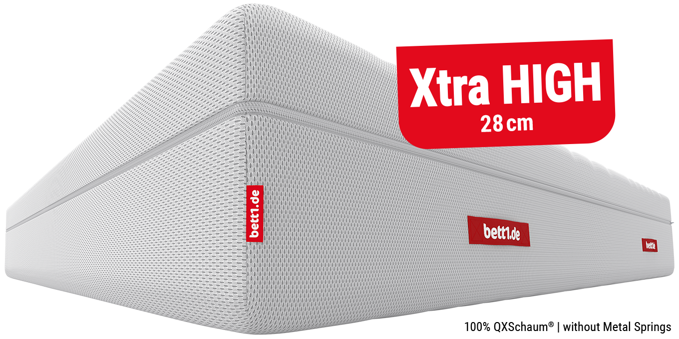 BODYGUARD Boxspring Mattress Soft. Text: Xtra high 28 cm, 100 % QXSchaum, without metal springs.