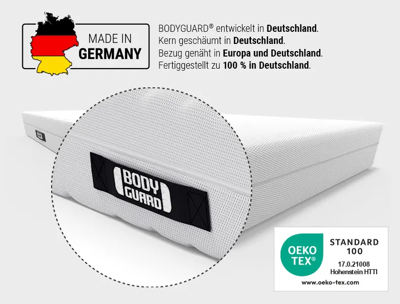 BODYGUARD Anti-Kartell-Matratze: Zoom auf Griff. Label: Oeko-Tex. Deutschlandkarte: Made in Germany: BODYGUARD® entwickelt in Deutschland. Kern geschäumt in Deutschland. Bezug genäht in Europa und Deutschland. Fertiggestellt zu 100% in Deutschland	