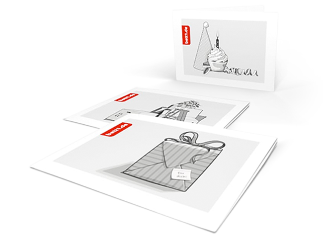 Drei bett1.de Geschenkgutscheine mit verschiedenen Motiven.	