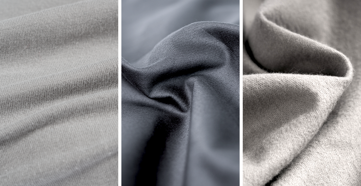 Dreigeteiltes Foto in Nahaufnahme von unterschiedlichen Stoffen für Spannbettlaken: Jersey, Satin, Flanell