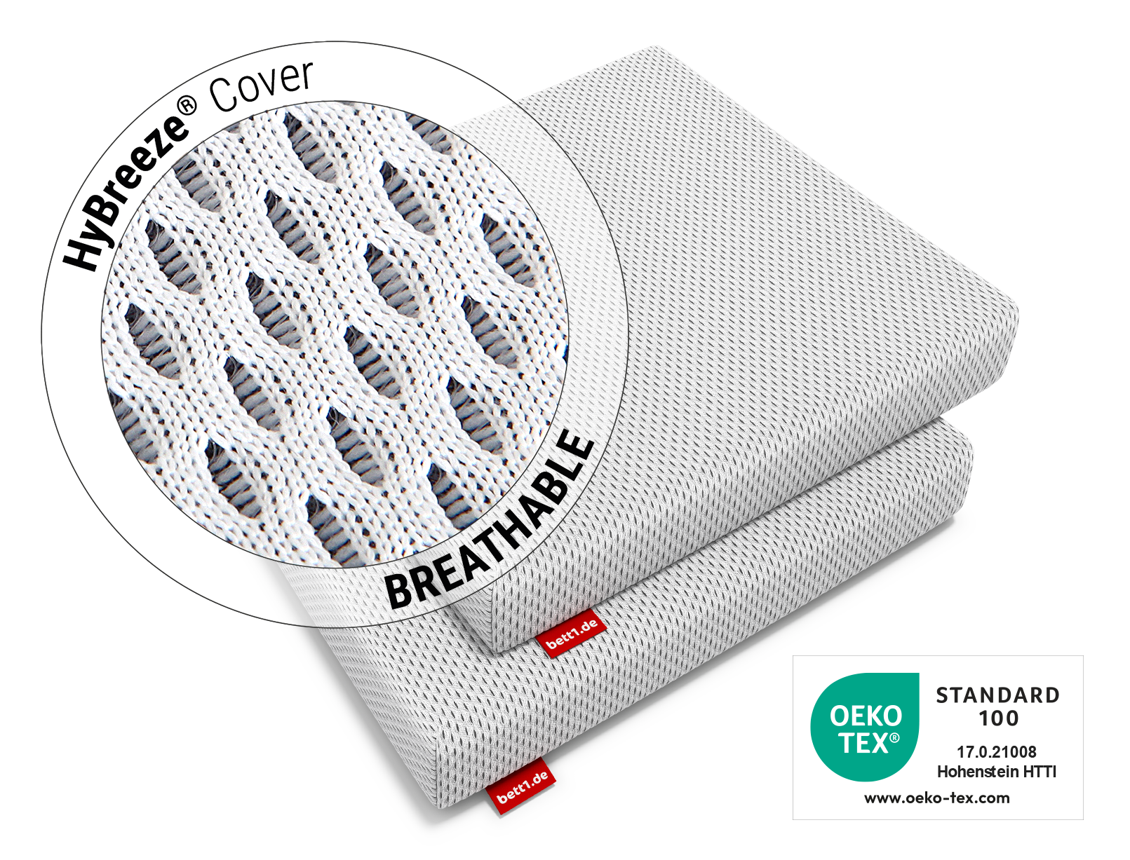 Two BODYGUARD® seat cushions lying on top of each other. Zoom on cover. Text: HyBreeze® functional cover/breathable. Next to it the Oeko-Tex® Standard 100 seal.