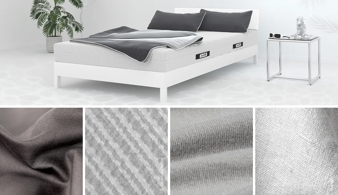Bedding covered with summer bed linen lies on a bed, including four tiles with a focus on different types of smooth bed linen.