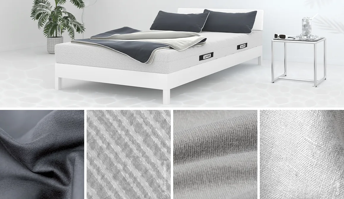 Bedding covered with summer bed linen lies on a bed, including four tiles with a focus on different types of smooth bed linen.