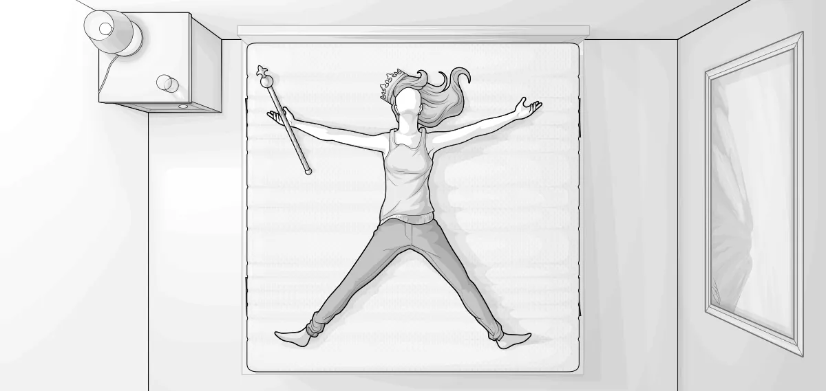 Bird's eye view illustration: A person lies on their back on a 200x200 cm mattress with their arms and legs spread out.