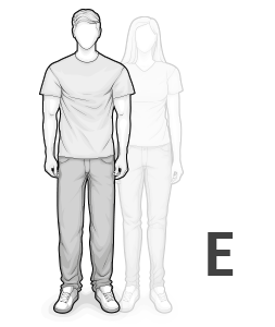 Illustration: Neben dem Buchstaben E stehen zwei muskulöse Personen mit ausgeprägtem Schulterbereich – Po und Bauch sind schmaler als der Oberkörper. Im Vordergrund ist eine männlich gelesene, dahinter etwas transparent eine weiblich gelesene Person.