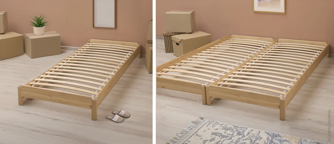 Two-part picture: On the left, the BODYGUARD slatted frame 90x200 in a single bed. On the right, two BODYGUARD slatted frames 90x200 next to each other in a double bed.