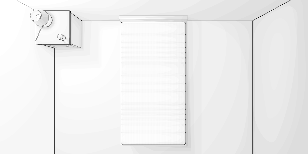 Bird's eye view illustration: A 100x200 cm mattress lies in a room with a bedside table.