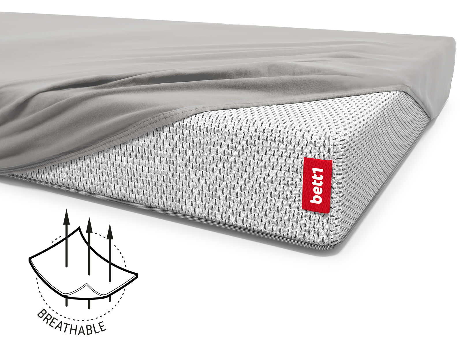 The SuperBreeze® Kids Mattress covered except for one corner with the children's fitted sheet in silver. Illustration of the fabric with three arrows running through it. Text: breathable