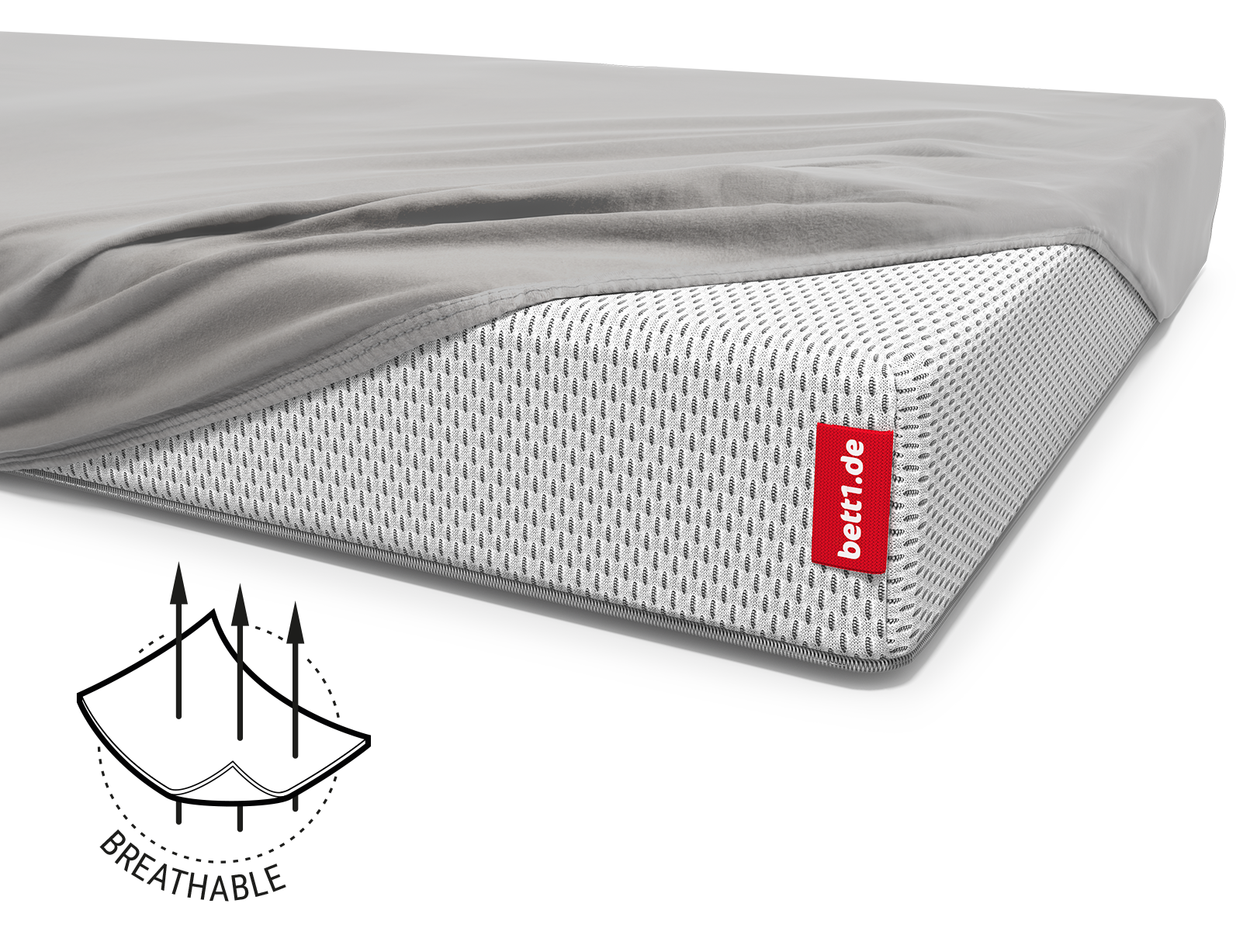  The SuperBreeze® Kids Mattress covered except for one corner with the children's fitted sheet in silver. Illustration of the fabric with three arrows running through it. Text: breathable