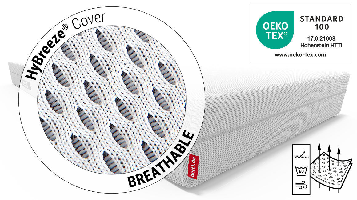 BODYGUARD® mattress: Zoom on mattress cover. Text: HyBreeze® functional cover/breathable. Illustration: Arrows penetrate the pores of a piece of fabric. Oeko-Tex® seal.