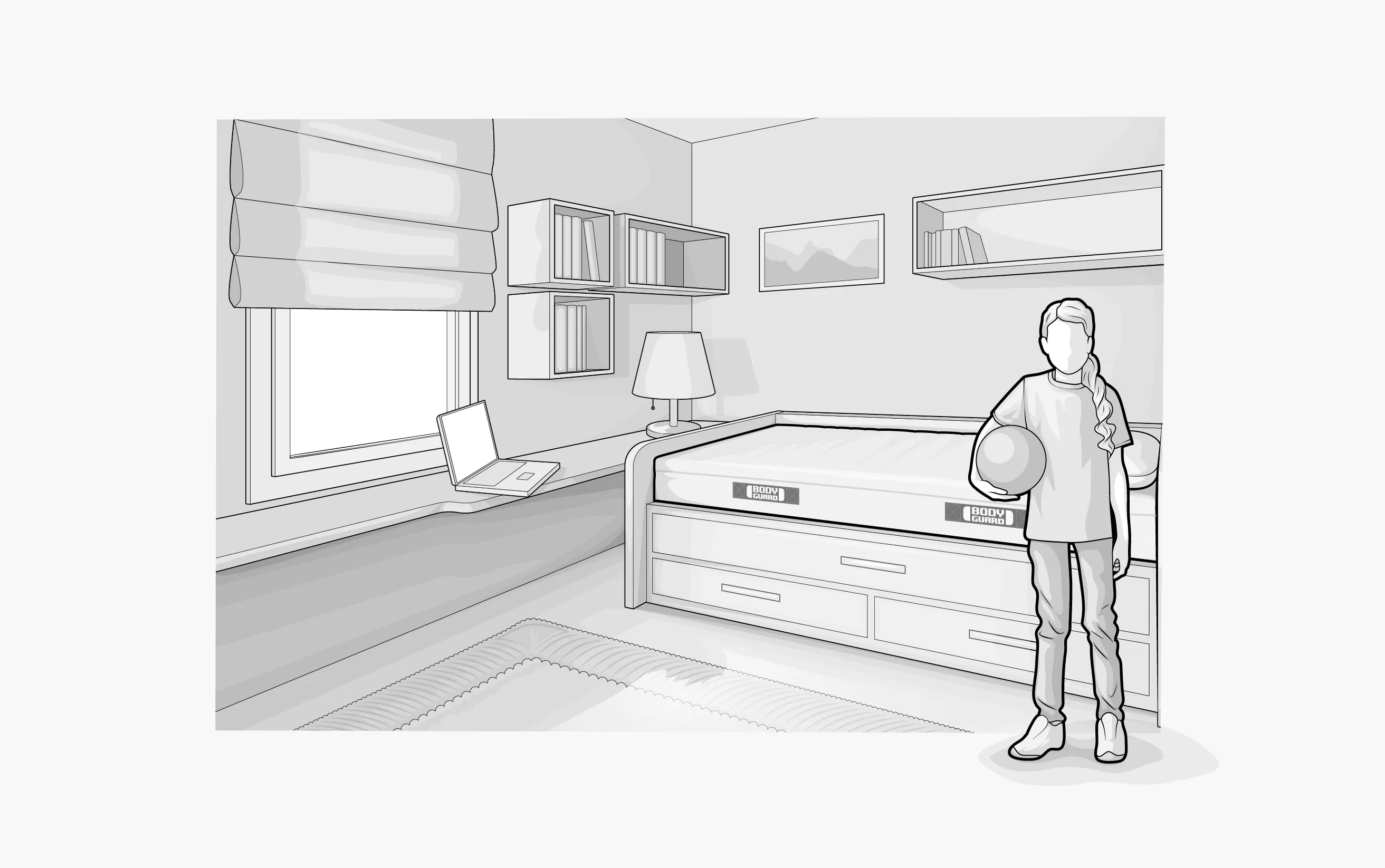 Illustration: Ein Kind mit Ball unterm Arm steht in einem Kinderzimmer mit Einzelbett samt BODYGUARD Matratze.