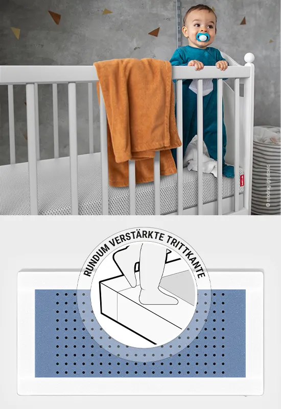 Zweigeteiltes Bild: oben ein Foto mit einem Kind, das im Gitterbett steht und sich am Gitter festhält, unten die Illustration der rundum verstärkten Trittkante.