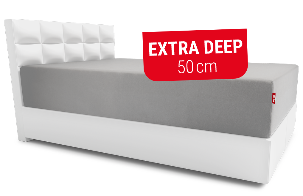  A box-spring bed with an extra-high mattress covered with the BODYGUARD® extra-high fitted sheet. Text: Height 50cm	