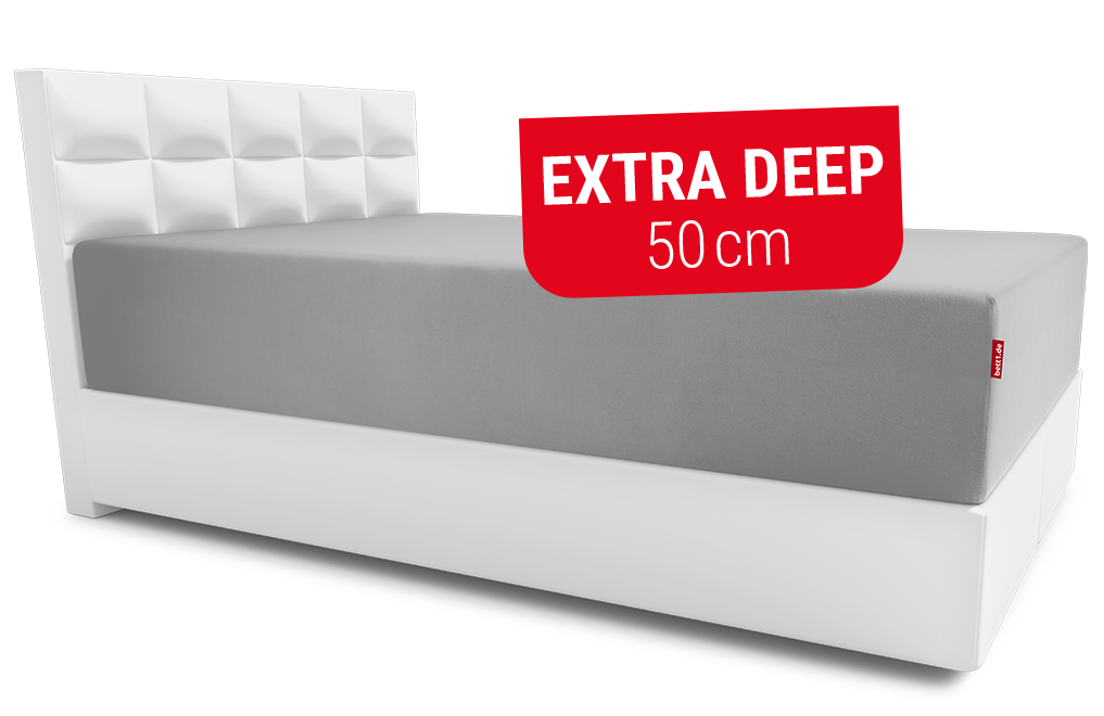  A box-spring bed with an extra-high mattress covered with the BODYGUARD® extra-high fitted sheet. Text: Height 50cm	