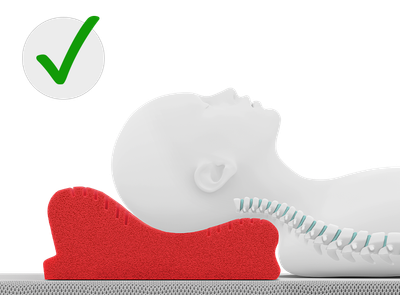 A stylized person is lying on their back on the neck support pillow. The head is positioned so that the lower side of the pillow rests against the neck – the spine shown in the illustration remains naturally curved. Next to it is a green check mark.