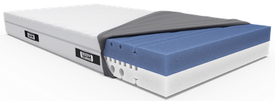 The BODYGUARD mattress with the cover partially open, revealing the foam core.