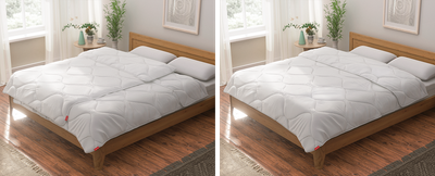 Zwei Abbildungen eines hellen, modern eingerichteten Schlafzimmers mit Doppelbett. Auf der linken Abbildung zwei Einzeldecken auf dem Bett, rechts eine durchgehende Paardecke.