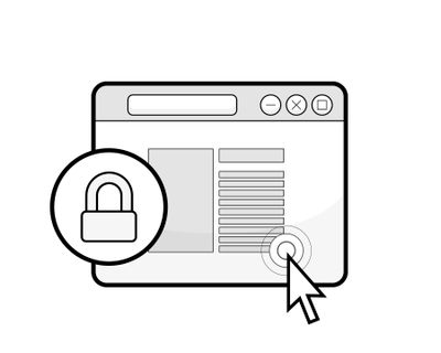  Illustration: a browser window with a mouse arrow pointing to it and a round symbol with a padlock in front of it.