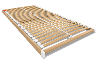 Side view of the BODYGUARD Slatted Frame Basic, a round cut-out shows the spring caps enlarged. 