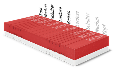 Matratzenkern der BODYGUARD® Boxspring Matratze Weich zeigt die verschiedenen Ergonomiemodule. Text: symmetrisch aufgebaut	