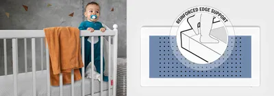 Two-part picture: baby in crib on the left, with the BODYGUARD children's mattress inside. Graphic on the right: two children's feet are standing on the reinforced edge of the BODYGUARD children's mattress. Text: Reinforced edge support