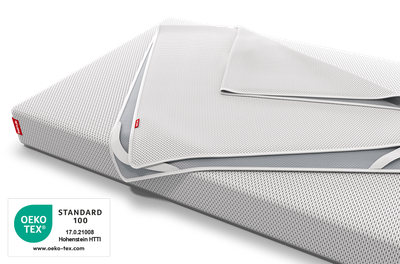 Der BODYGUARD® Nässeschutz für Kindermatratzen liegt zusammengelegt auf der bett1 Babymatratze, daneben das Oeko-Tex® Standard 100 Siegel.
