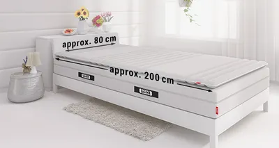 An 80x200 cm mattress lies on a bed. The dimensions are shown on each side.