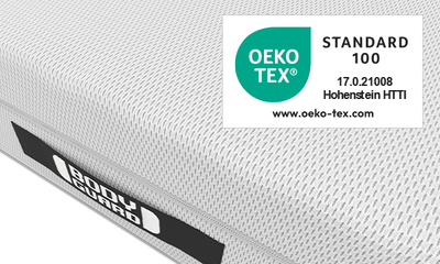 Nahaufnahme BODYGUARD Anti-Kartell-Matratze 70x200. Siegel: Oeko-Tex Standard 100