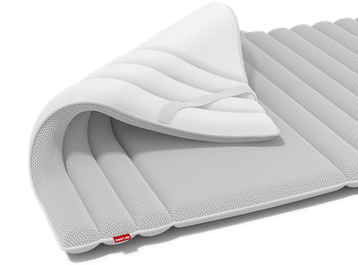 The BODYGUARD Topper with one corner folded down, so that both sides with different covers are visible.