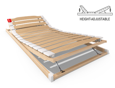 The BODYGUARD® slatted frame with raised head and foot sections: next to it an illustration of the raised slatted frame with the text: height-adjustable	