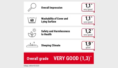 Table showing the breakdown of ratings in the children's mattress test conducted by the family magazine ‘kidsgo’.