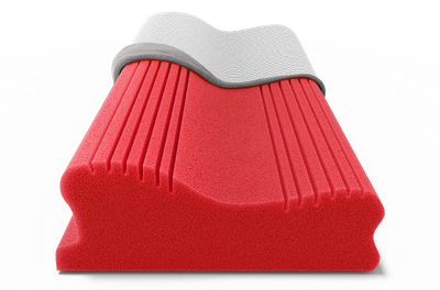 The BODYGUARD® neck support pillow is partially covered with a pillowcase, revealing the red foam core.	