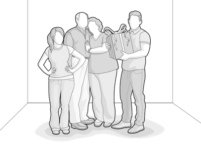 Illustration: Zwei ältere und zwei jüngere Menschen stehen in einem Raum dicht beieinander. Eine Person hält ein Geschenk.