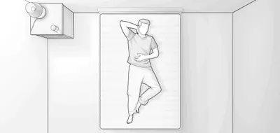 Bird's eye view illustration: A person lies in the middle of a 140x200 cm mattress.