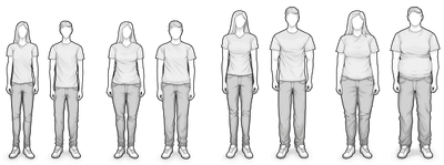 	Illustration: Acht Personen mit unterschiedlichen Körpertypen – von groß bis klein und schmal bis breit.