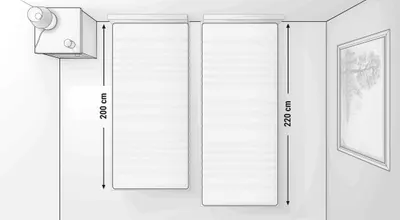 Illustration: Ein Schlafzimmer aus der Vogelperspektive. Zwei Betten: links mit einer Matratze 90x200 cm, rechts mit einer Matratze 90x220 cm. Die Längen sind mit Pfeilen gekennzeichnet.