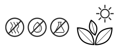 Illustration: Nebeneinander angeordnet sind stilisierte Symbole: eine Pflanze unter einer Sonne. Daneben durchgestrichen: ein Erlenmeyerkolben, ein Wassertropfen, drei gewellte Linien.