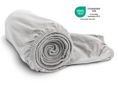  The BODYGUARD® jersey fitted sheet in silver rolled up. The Oeko-Tex® Standard 100 seal